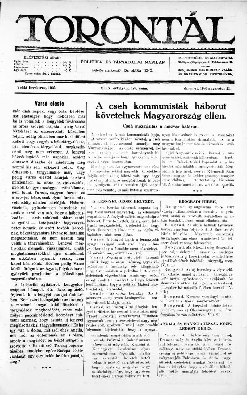 Torontál, 49. évf. 1920. augusztus 21. 182. sz.
