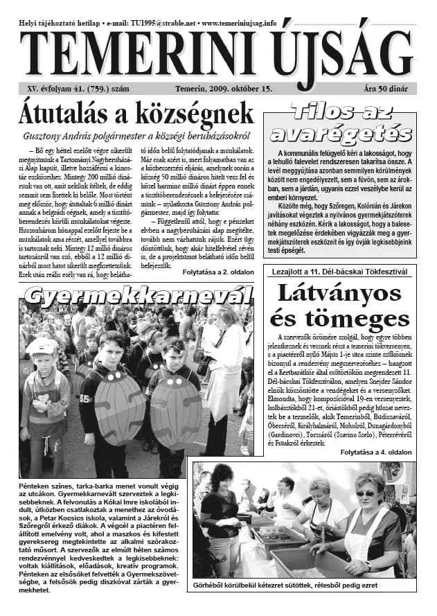 Temerini Újság, 15. évf. 2009. október 15. 41. sz.