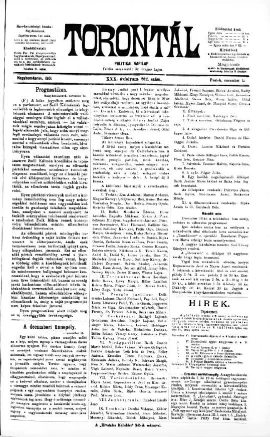 Torontál, 30. évf. 1901. november 15. 262. sz.