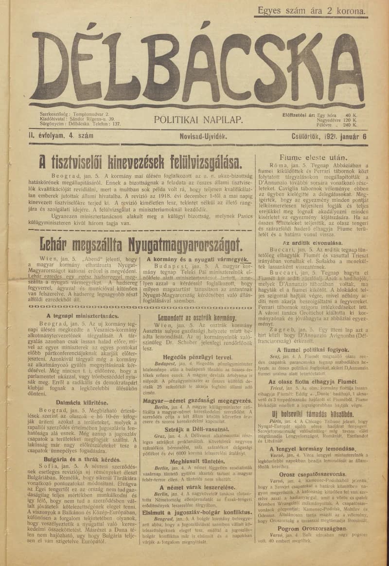 Délbácska, 2. évf. 1921. január 6. 4. sz.