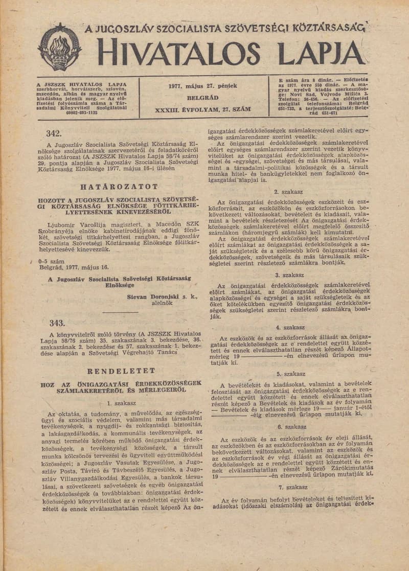 A Jugoszláv Szocialista Szövetségi Köztársaság Hivatalos Lapja, 33. évf. 1977. május 27. 27. sz. 1221–1252. oldal