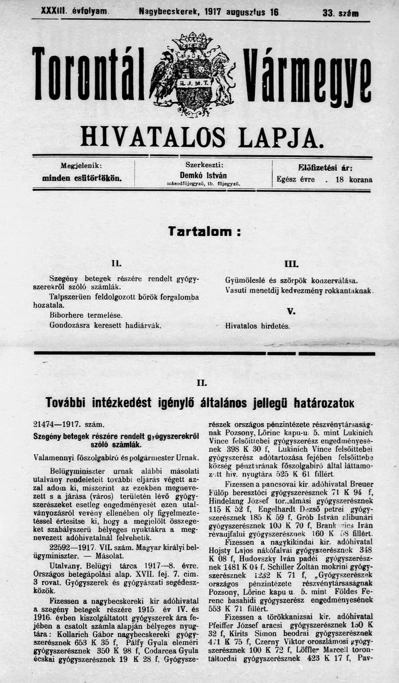 Torontál Vármegye Hivatalos Lapja, 33. évf. 1917. augusztus 18. 33. sz.