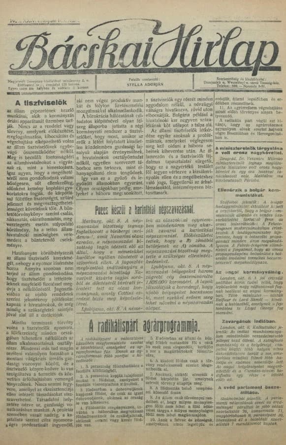Bácskai Hirlap, 24. évf. 1920. október 9. 169. sz.