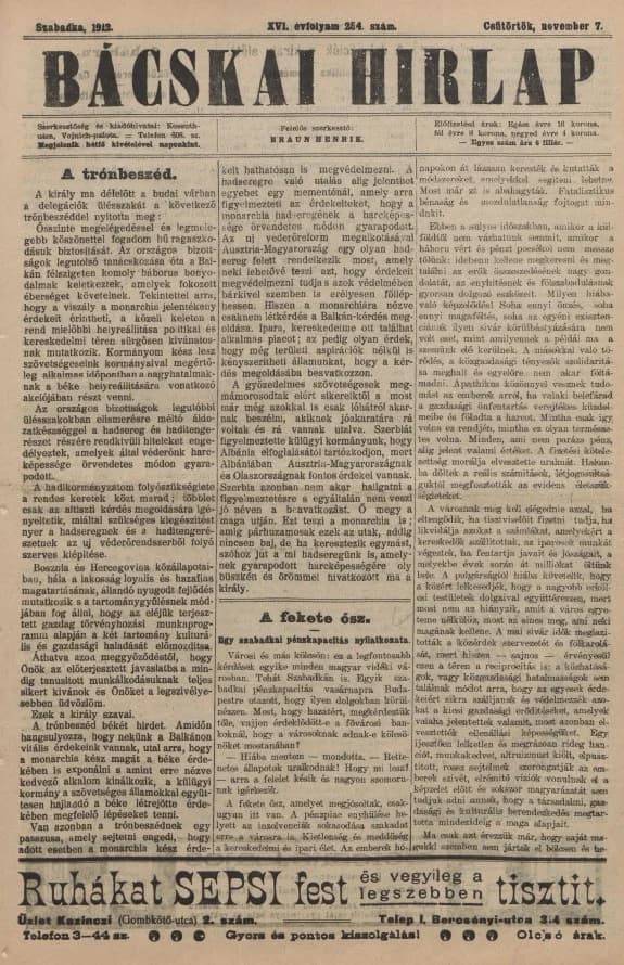 Bácskai Hirlap, 16. évf. 1912. november 7. 254. sz.