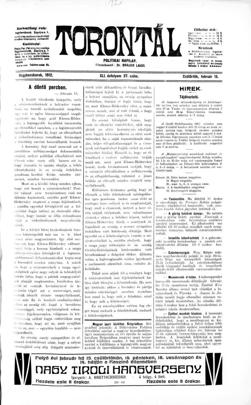 Torontál, 41. évf. 1912. február 15. 37. sz.