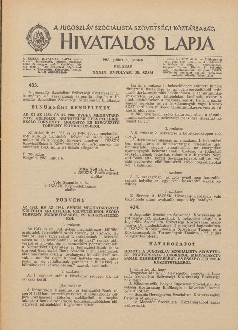 A Jugoszláv Szocialista Szövetségi Köztársaság Hivatalos Lapja, 39. évf. 1983. július 8. 35. sz. 1005–1032. oldal