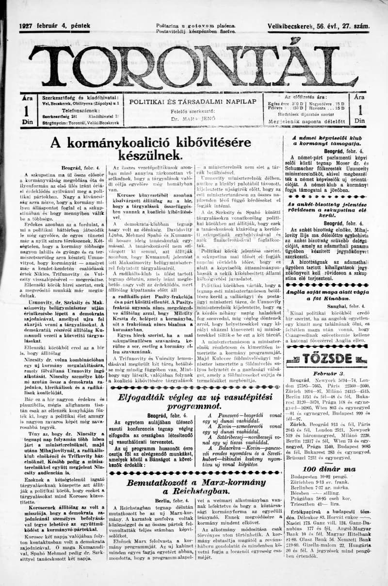 Torontál, 56. évf. 1927. február 4. 27. sz.