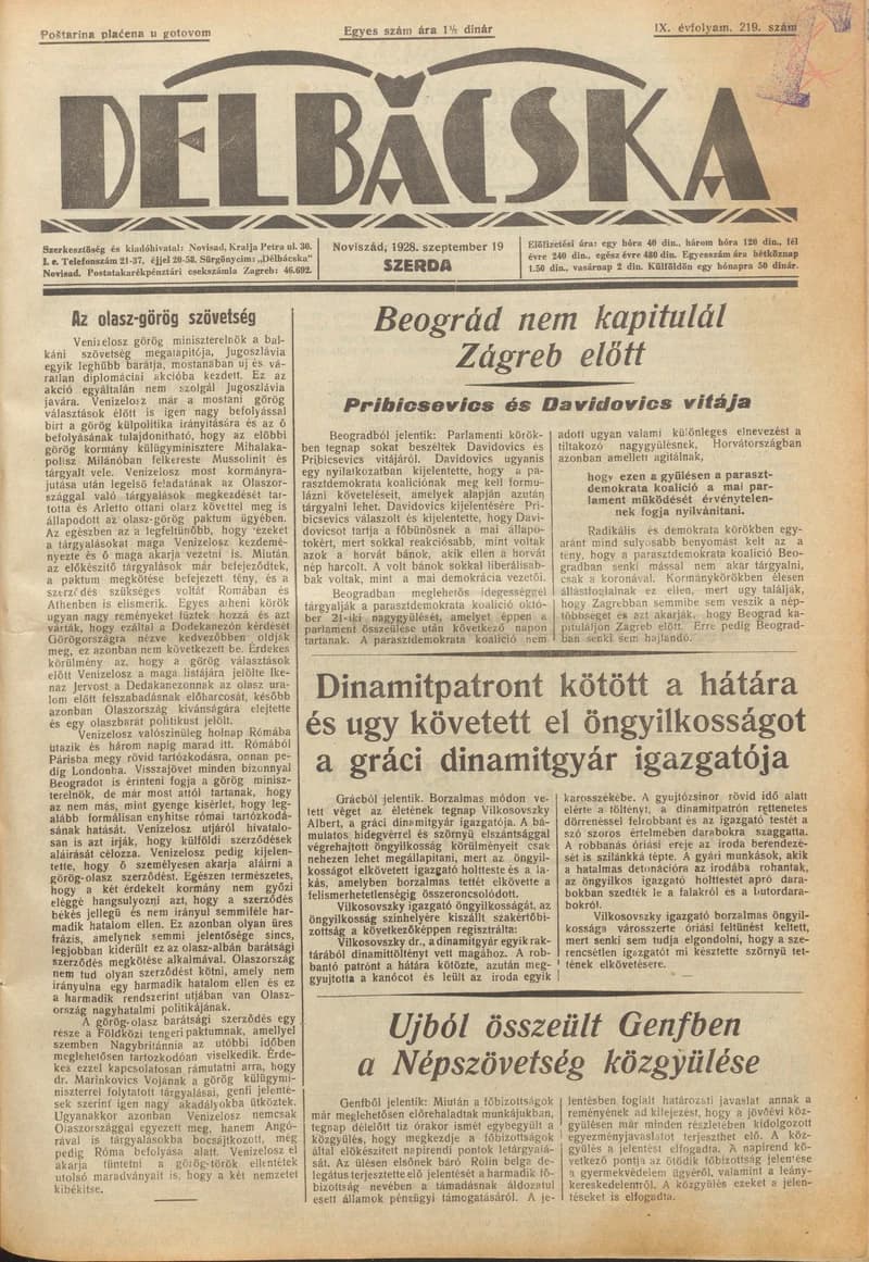 Délbácska, 9. évf. 1928. szeptember 19. 219. sz.