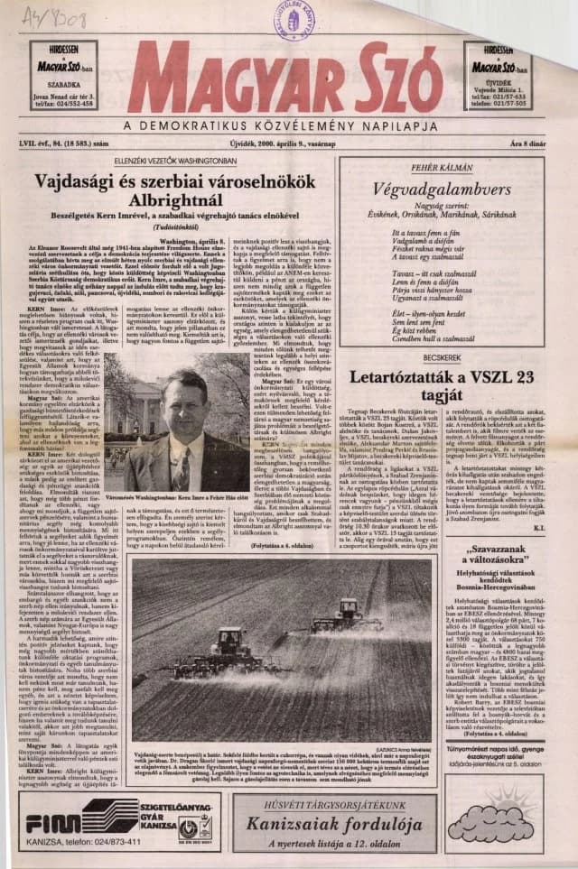 Magyar Szó, 57. évf. 2000. április 9. 84. sz. 1–24. oldal