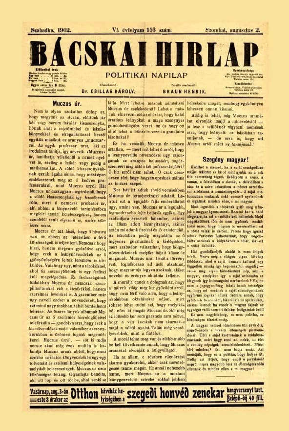 Bácskai Hirlap, 6. évf. 1902. augusztus 2. 153. sz.