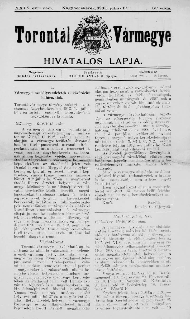 Torontál Vármegye Hivatalos Lapja, 29. évf. 1913. július 17. 32. sz.