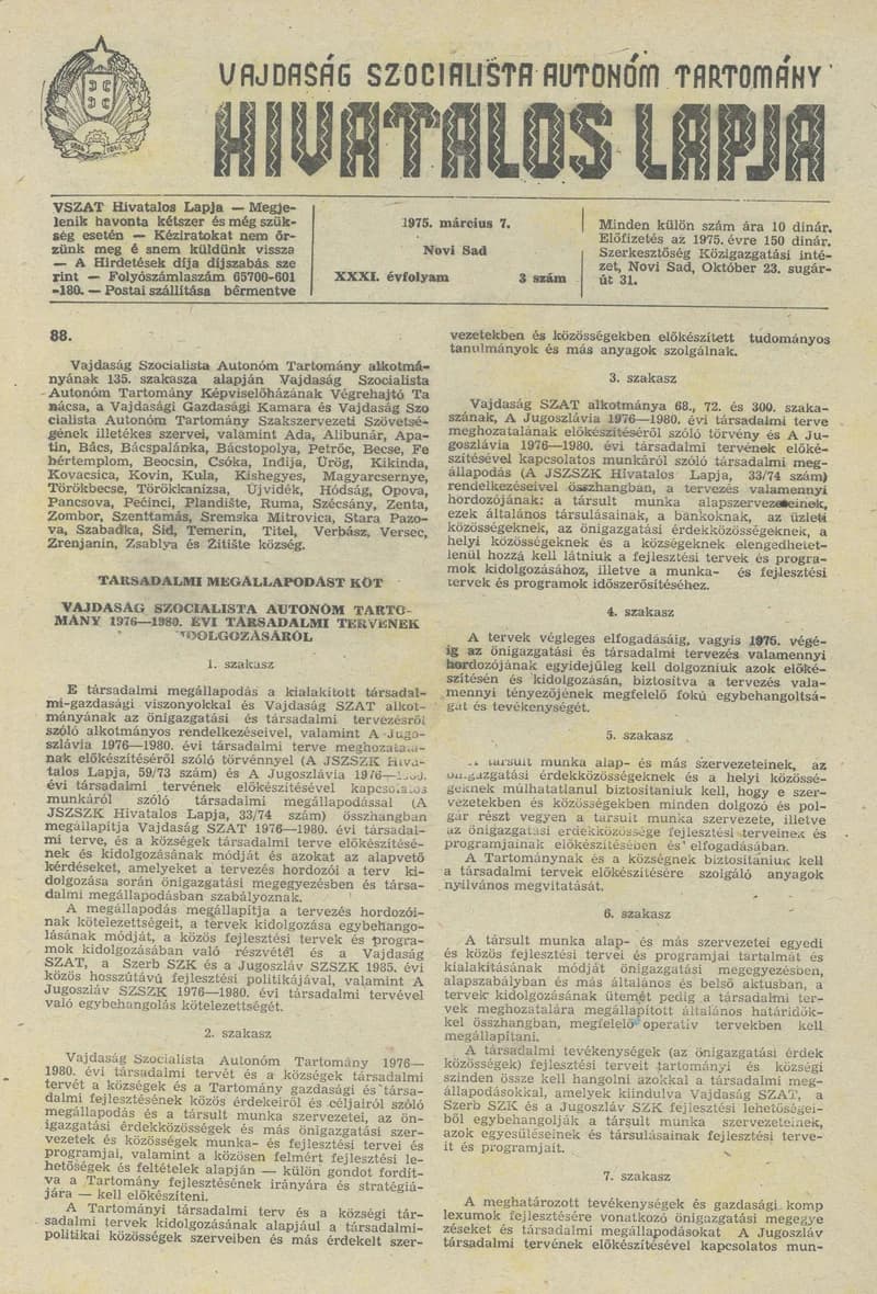 Vajdaság Szocialista Autonóm Tartomány Hivatalos Lapja, 31. évf. 1975. március 7. 3. sz. 113–128. oldal
