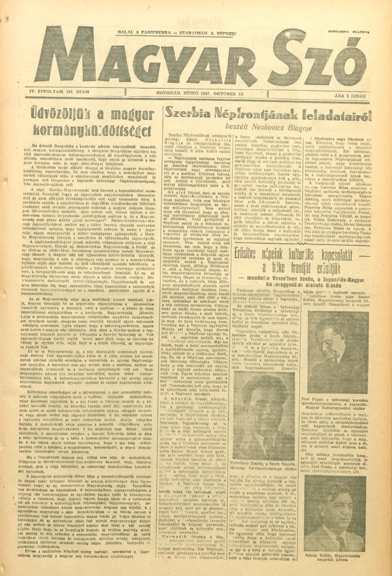 Magyar Szó, 4. évf. 1947. október 13. 251. sz. 1–4. oldal