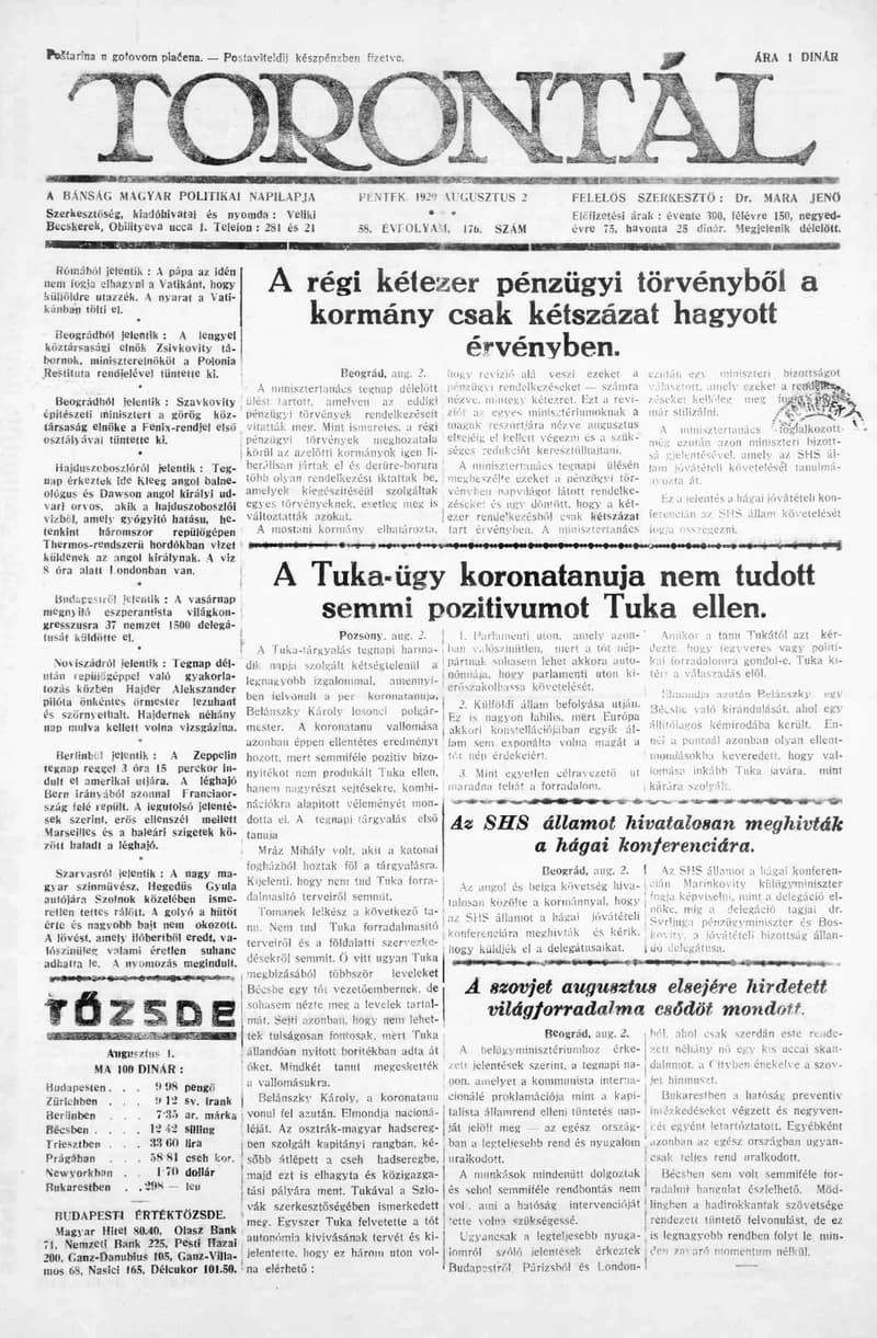 Torontál, 58. évf. 1929. augusztus 2. 176. sz.