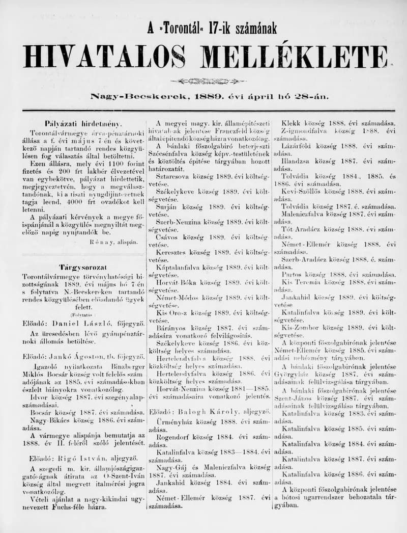 A Totontál  hivatalos melléklete, 2. évf. 1889. április 28. 17. sz.