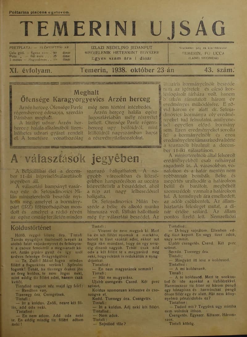 Temerini Újság 1928-1944, 11. évf. 1938. október 23. 43. sz.