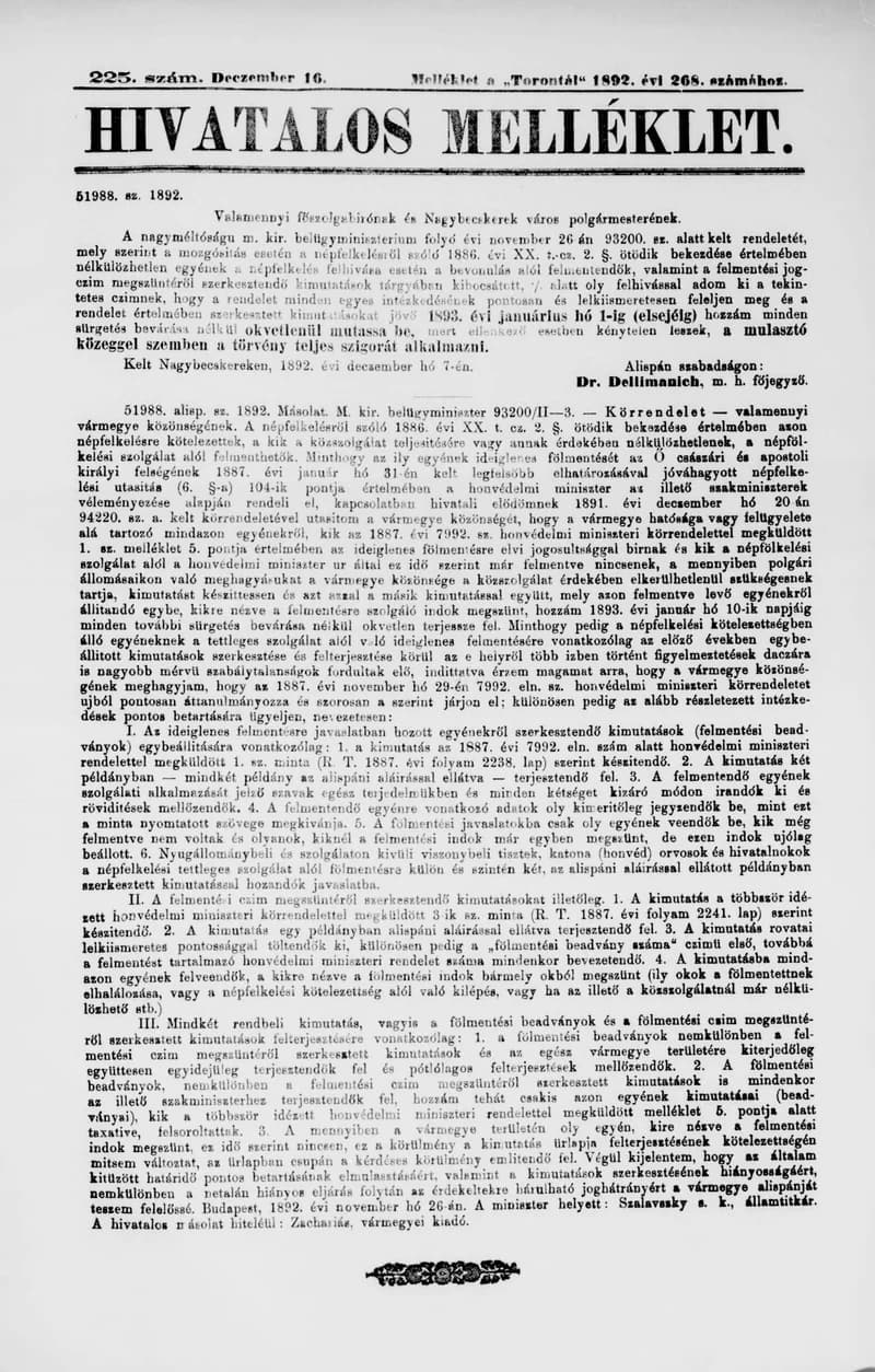 A Totontál  hivatalos melléklete, 5. évf. 1892. december 16. 225. sz.
