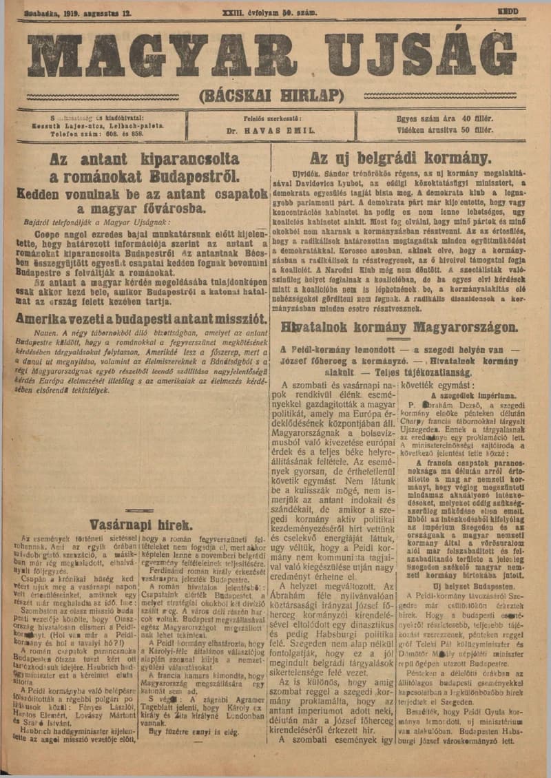 Bácskai Hirlap, 23. évf. 1919. augusztus 10. 50. sz.