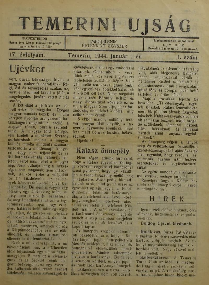 Temerini Újság 1928-1944, 17. évf. 1944. január 1. 1. sz.