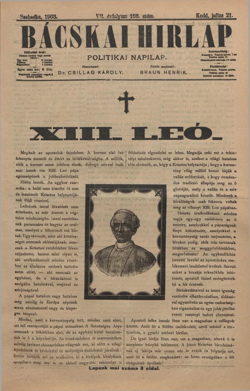 Bácskai Hirlap, 7. évf. 1903. július 21. 166. sz.