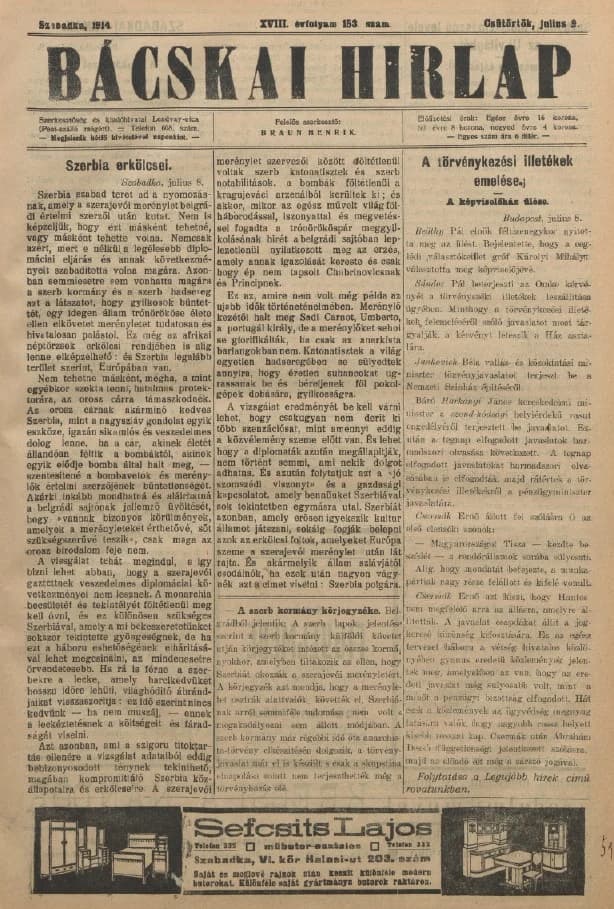 Bácskai Hirlap, 18. évf. 1914. július 9. 153. sz.