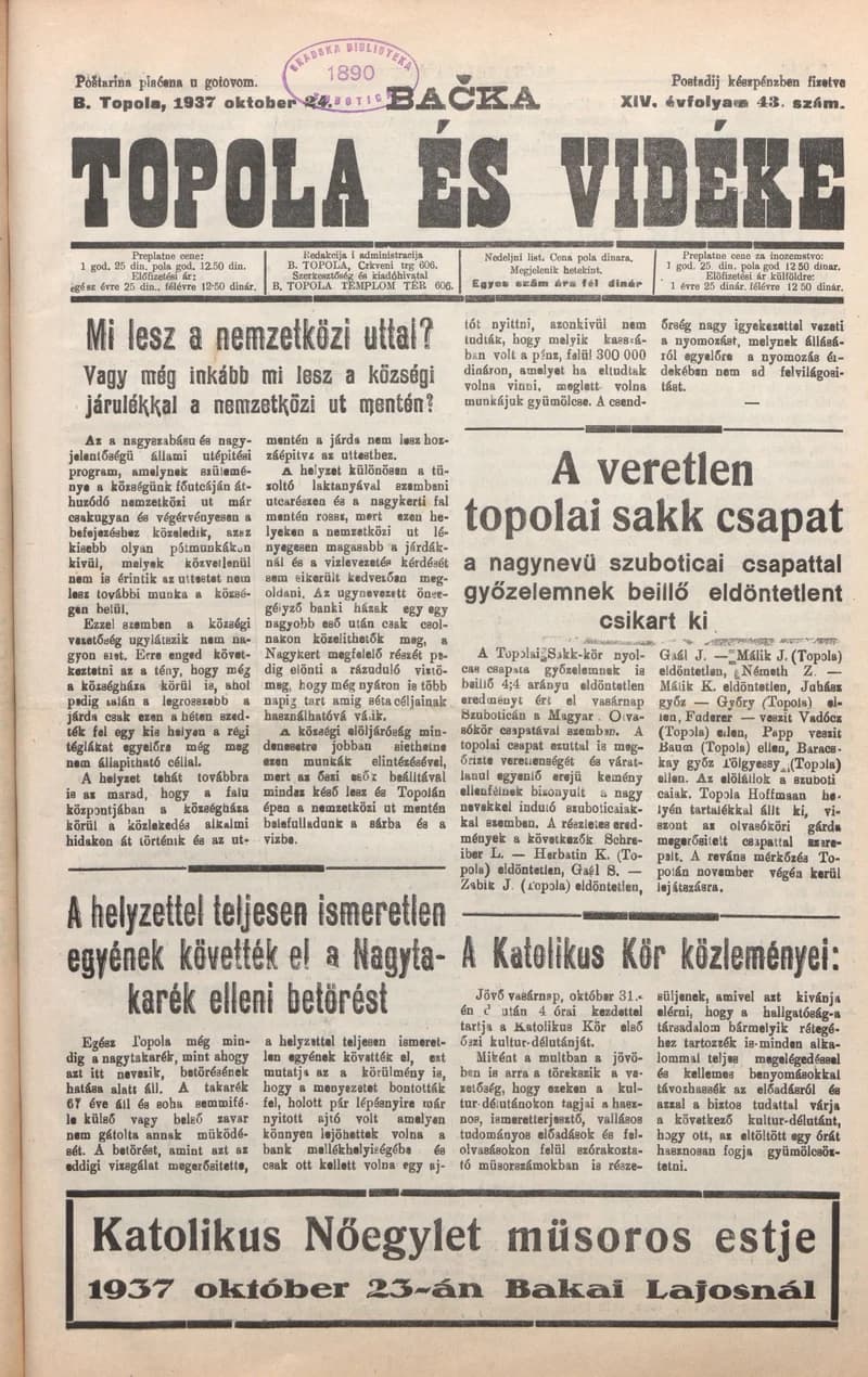 Bačka Topola és Vidéke, 14. évf. 1937. október 24. 43. sz.