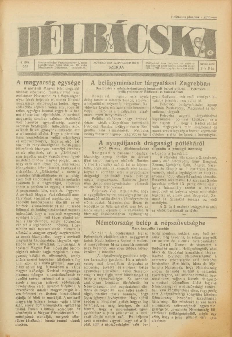 Délbácska, 5. évf. 1924. szeptember 24. 222. sz.
