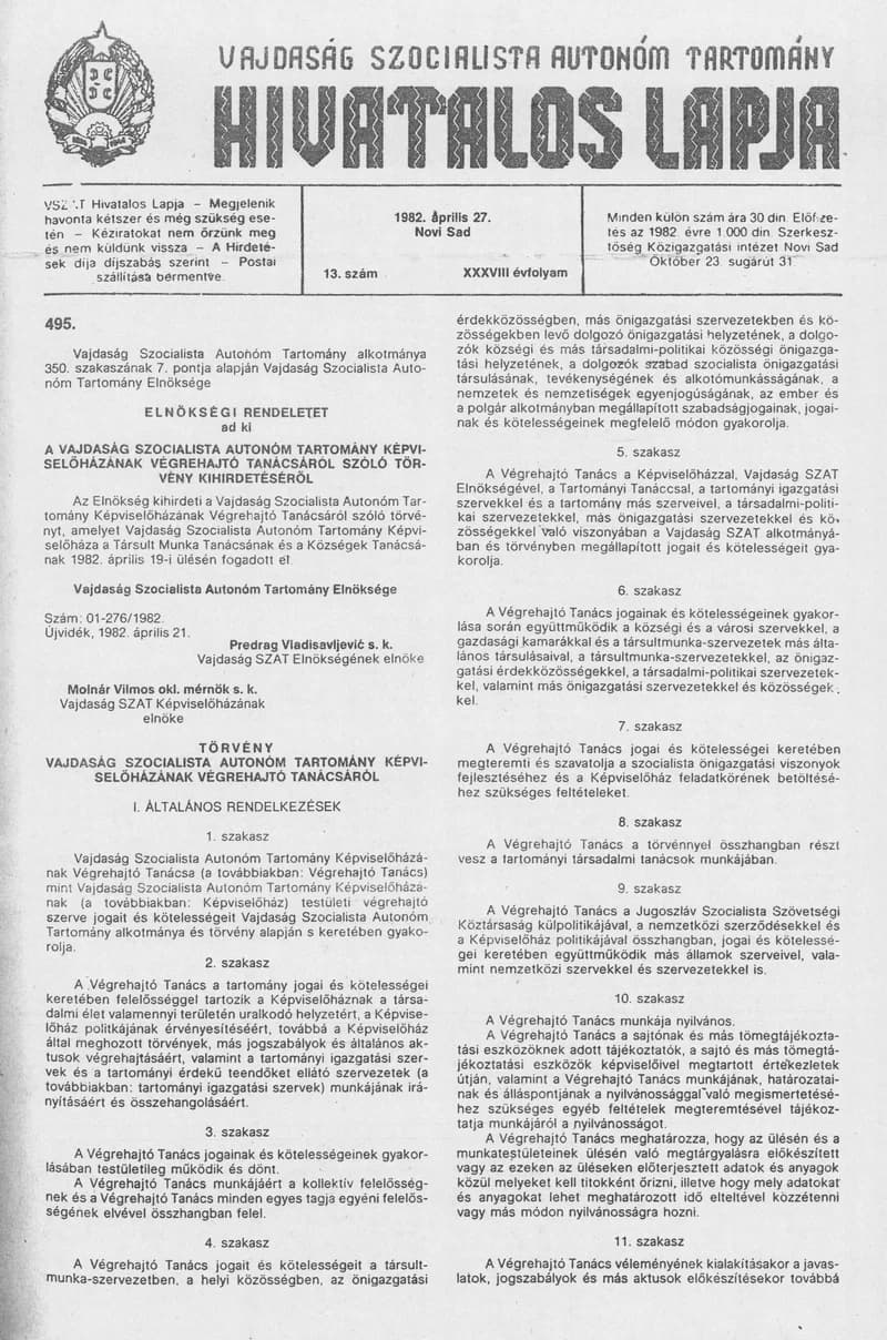 Vajdaság Szocialista Autonóm Tartomány Hivatalos Lapja, 38. évf. 1982. április 27. 13. sz.