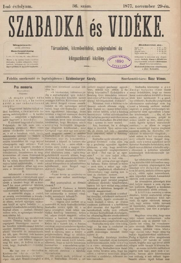 Szabadka és vidéke, 1. évf. 1877. november 29. 36. sz.