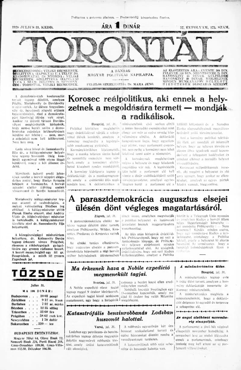 Torontál, 57. évf. 1928. július 31. 175. sz.