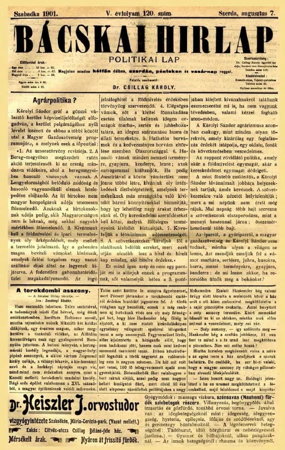 Bácskai Hirlap, 5. évf. 1901. augusztus 7. 120. sz.