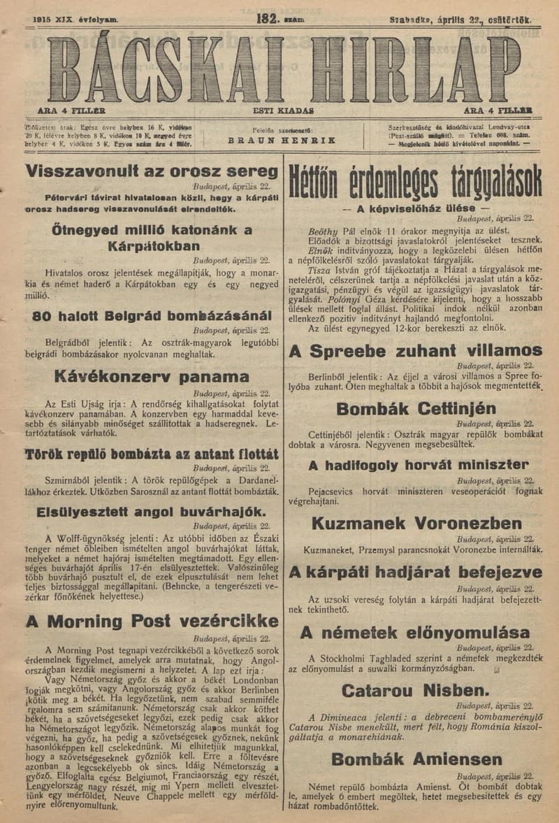 Bácskai Hirlap, 19. évf. 1915. április 22. 182. sz.