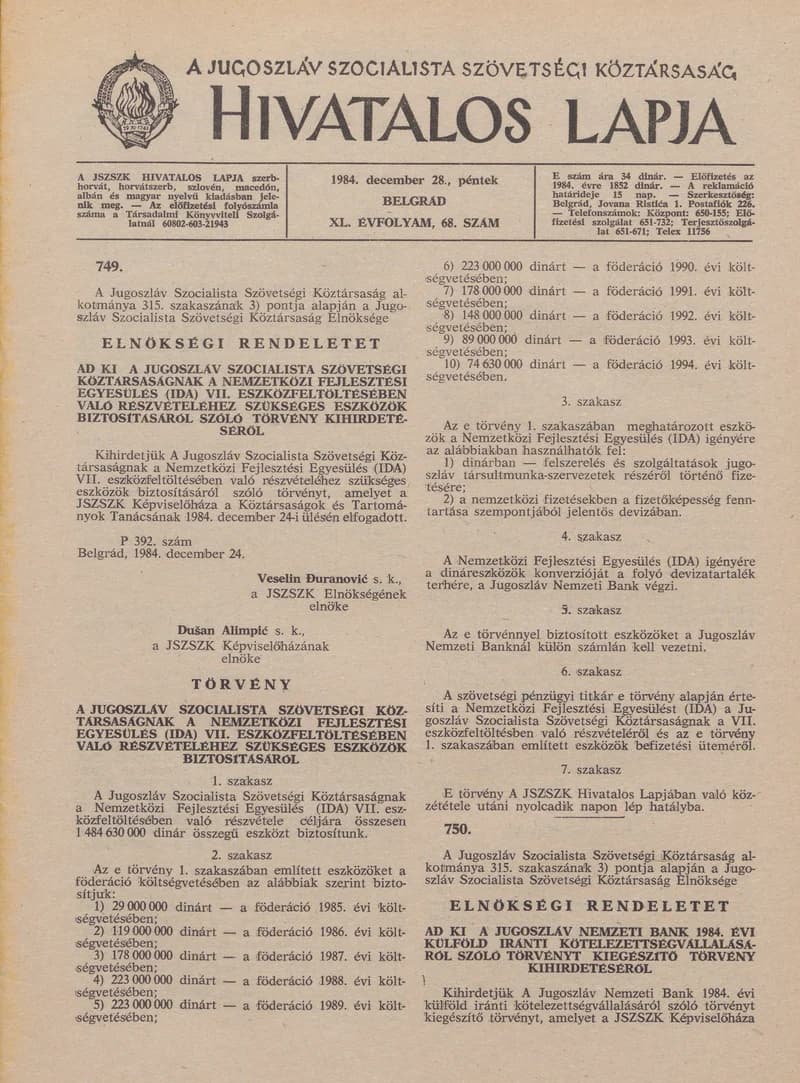 A Jugoszláv Szocialista Szövetségi Köztársaság Hivatalos Lapja, 40. évf. 1984. december 28. 68. sz. 1501–1532. oldal