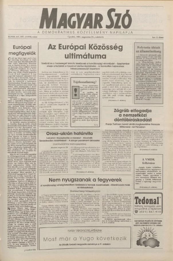 Magyar Szó, 48. évf. 1991. augusztus 29. 237. sz. 1–16. oldal