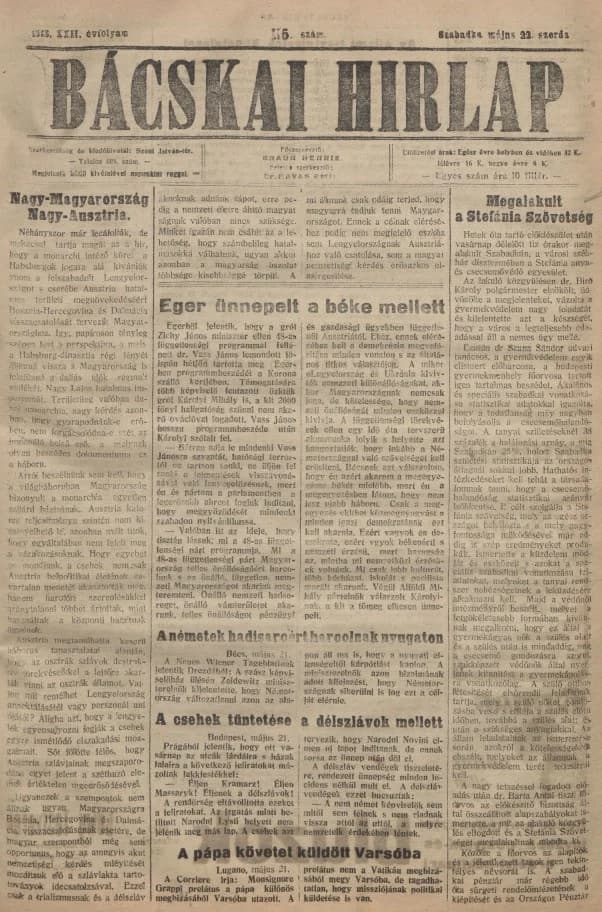 Bácskai Hirlap, 22. évf. 1918. május 22. 115. sz.