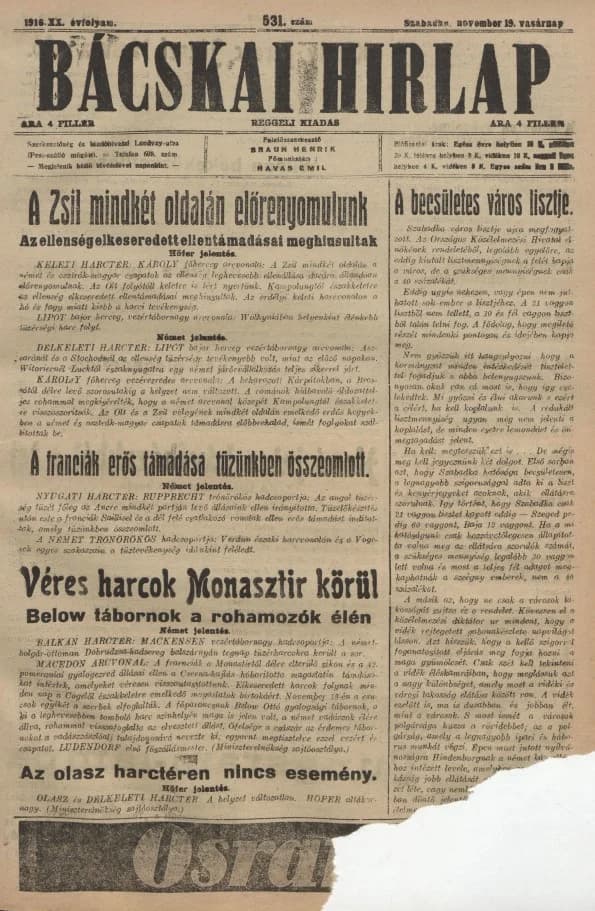 Bácskai Hirlap, 20. évf. 1916. november 19. 531. sz.