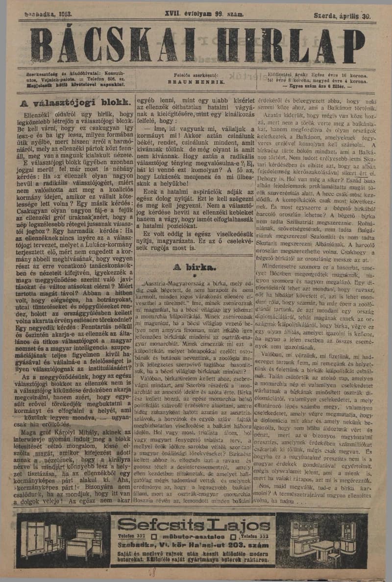 Bácskai Hirlap, 17. évf. 1913. április 30. 99. sz.