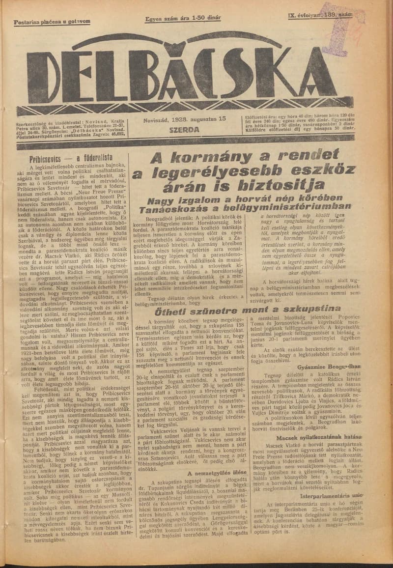Délbácska, 9. évf. 1928. augusztus 15. 189. sz.