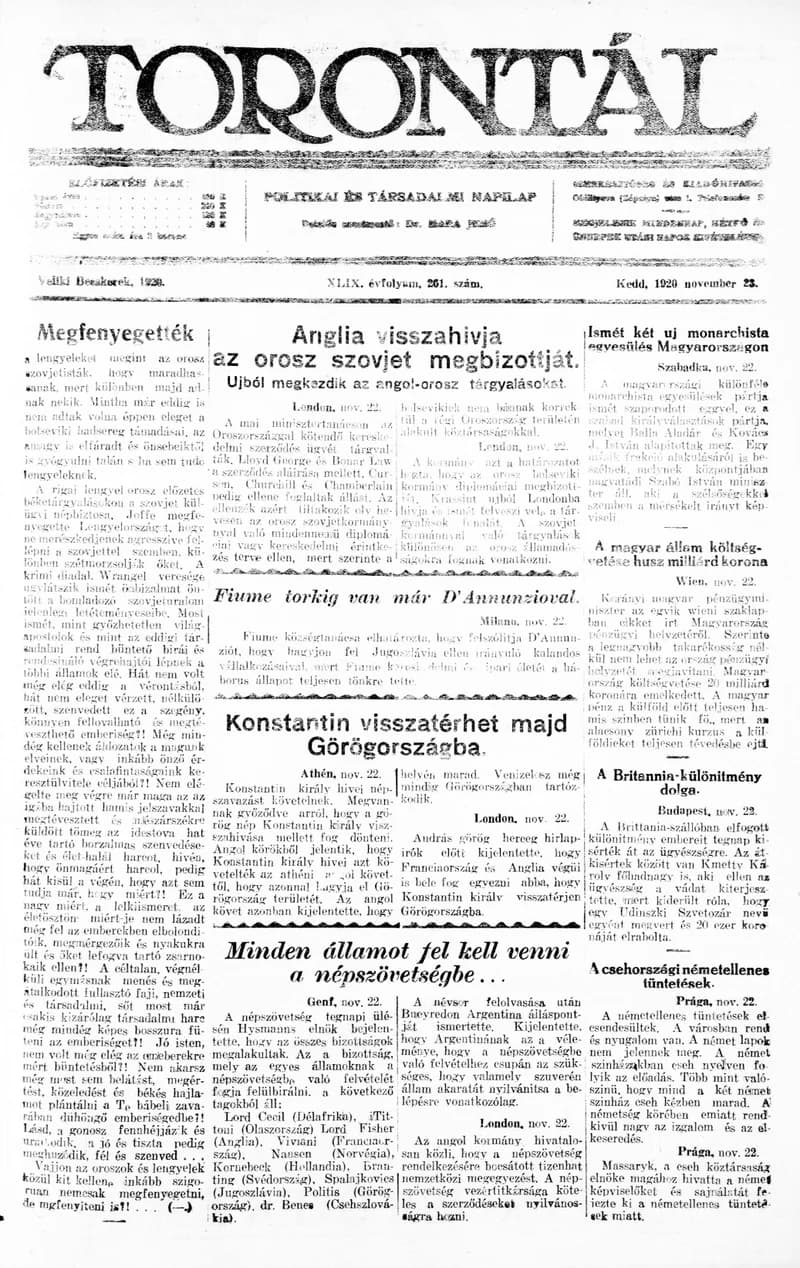 Torontál, 49. évf. 1920. november 23. 261. sz.