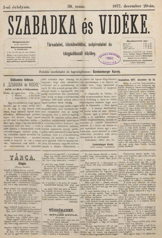 Szabadka és vidéke, 1. évf. 1877. december 20. 39. sz.