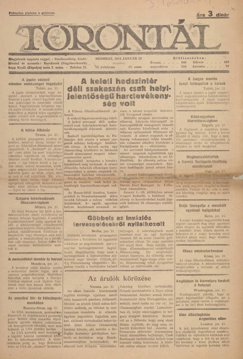 Torontál, 73. évf. 1944. január 22. 17. sz.