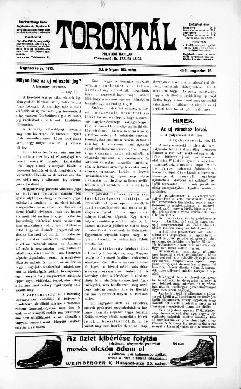 Torontál, 41. évf. 1912. augusztus 12. 183. sz.