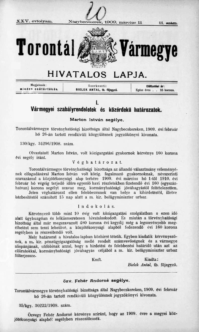 Torontál Vármegye Hivatalos Lapja, 25. évf. 1909. március 11. 11. sz.