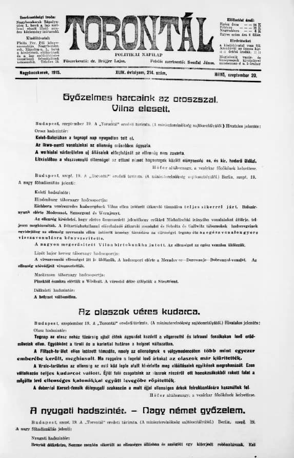 Torontál, 44. évf. 1915. szeptember 20. 214. sz.