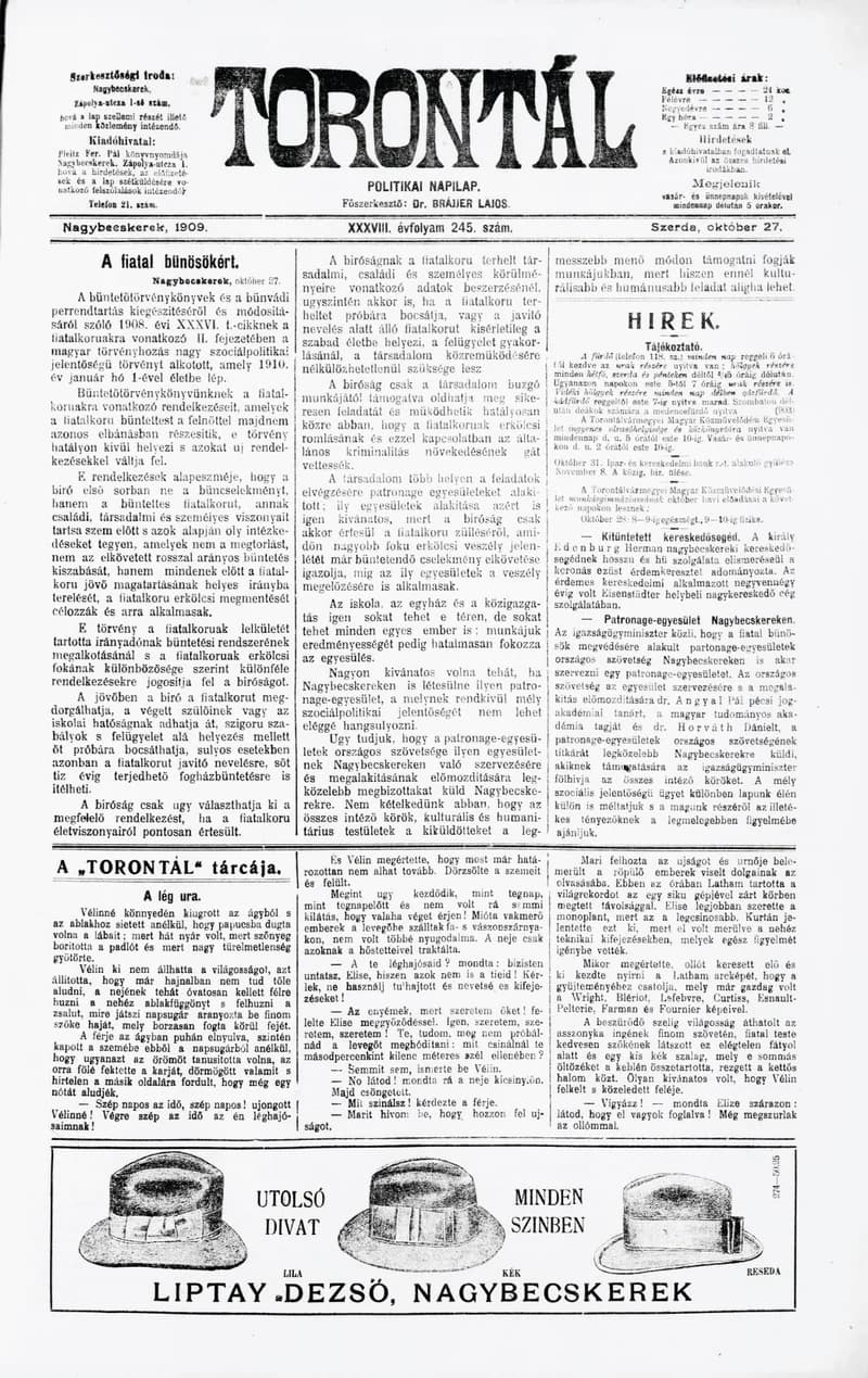 Torontál, 38. évf. 1909. október 27. 245. sz.