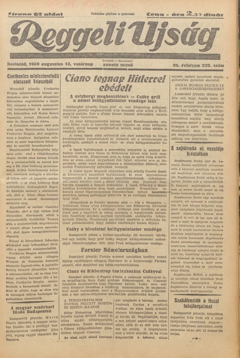 Reggeli Újság, 20. évf. 1939. augusztus 13. 222. sz.