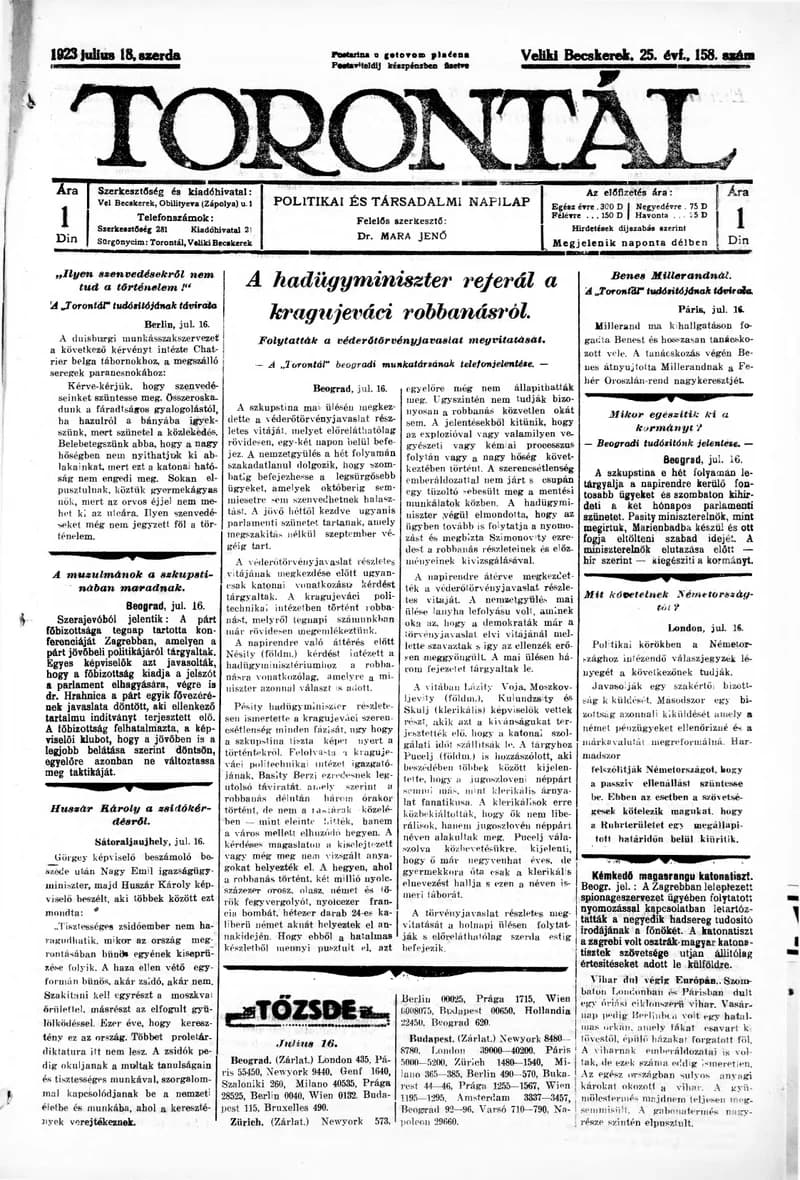 Torontál, 52. évf. 1923. július 18. 158. sz.
