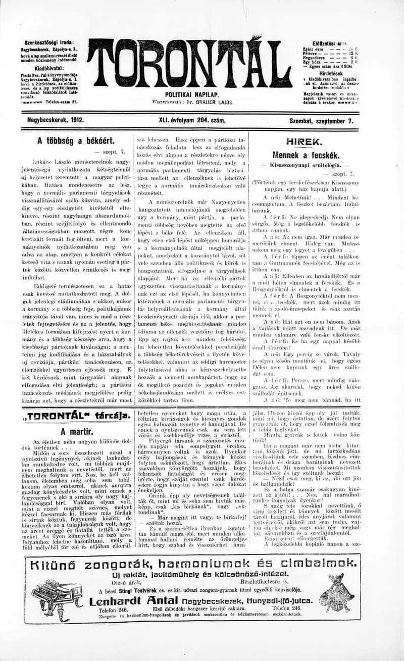 Torontál, 41. évf. 1912. szeptember 7. 204. sz.