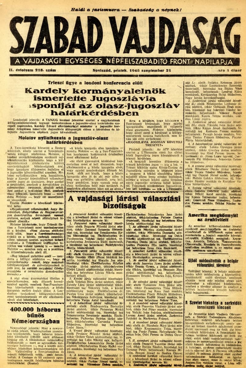 Szabad Vajdaság, 2. évf. 1945. szeptember 21. 218. sz.
