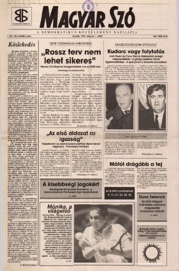 Magyar Szó, 50. évf. 1993. február 1. 30. sz. 1–16. oldal